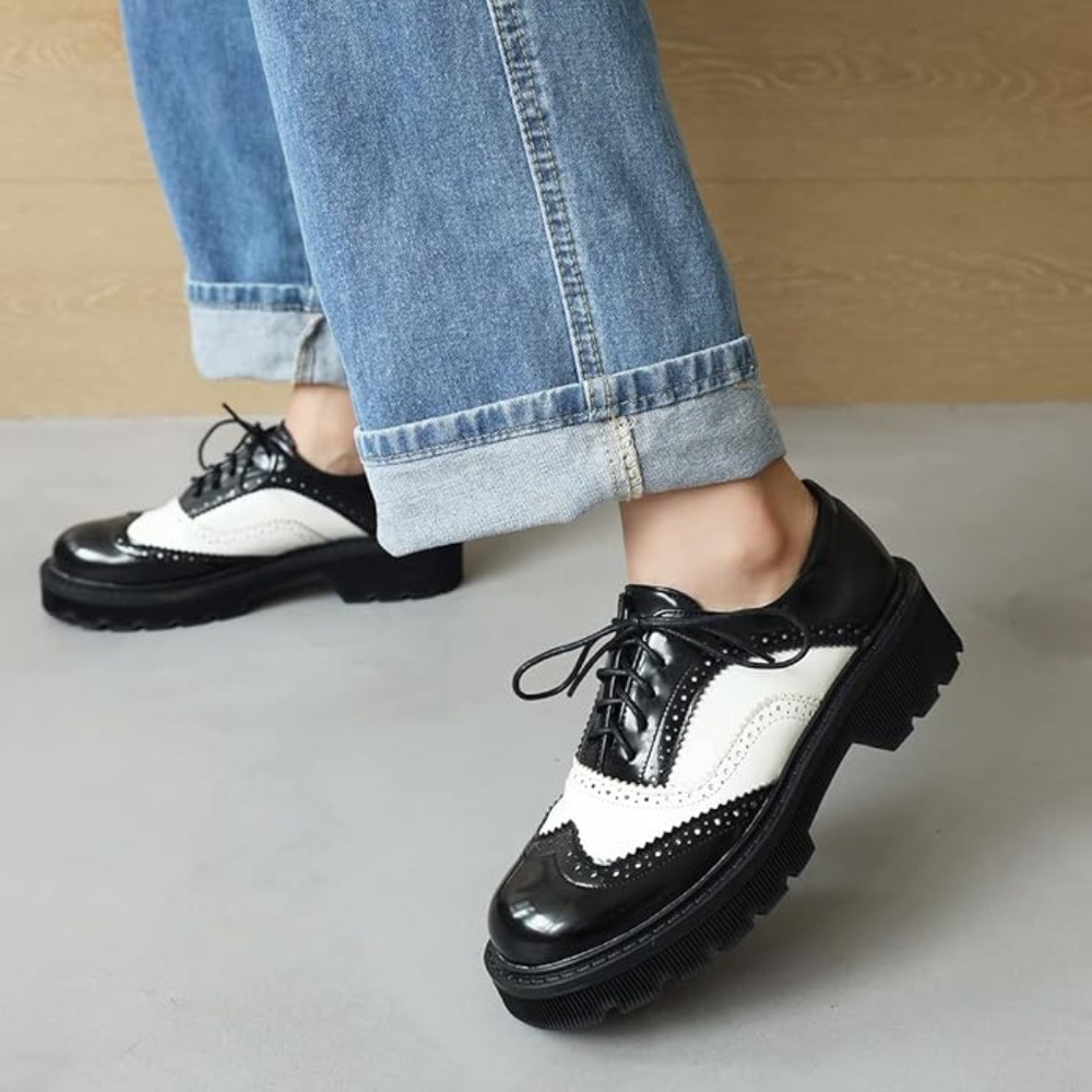 Fashion Platform Oxford Shoes - Women Wingtip Low Heel Lace Up
